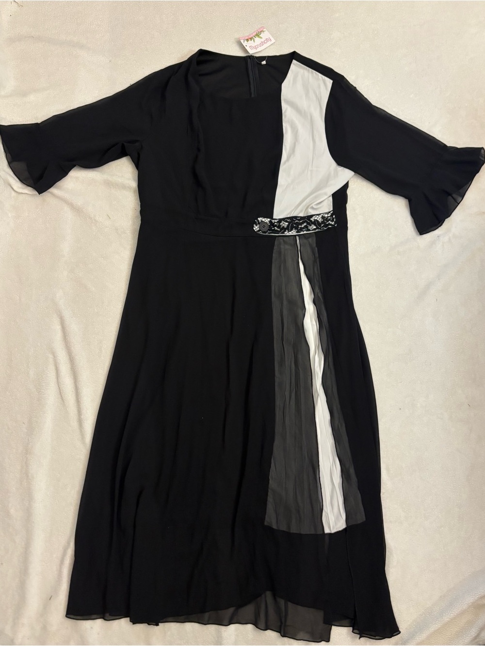 Black & White Paneled Midi Dress with Accent Waist